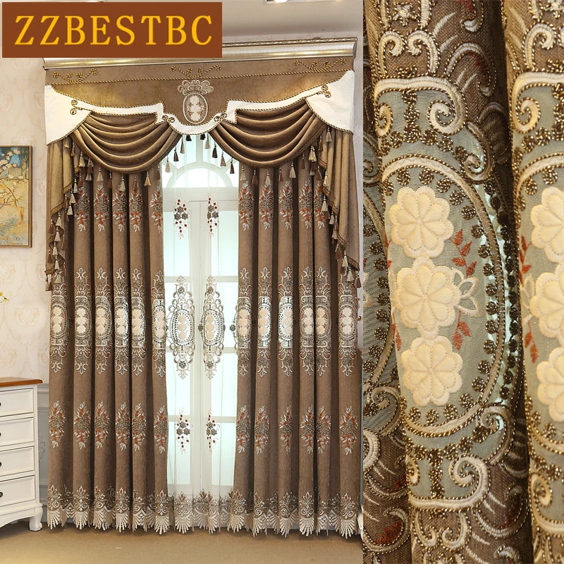 Шторы блэкаут в европейском стиле роскошные коричневые с вышивкой для гостиной