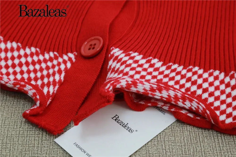 Bazaleas модный жаккардовый хлопковый красный и белый свитер винтажный лоскутный жилет с v-образным вырезом harajuku вязаный карфиганский Повседневный