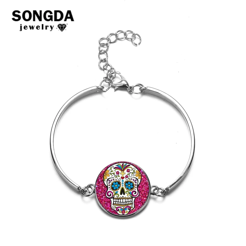 

SONGDA Boho Sugar Skull Glass Gem Bracelets for Women Men Fashion Jewelry Death Day Mexican Traditional Culture Bangles Pulseras