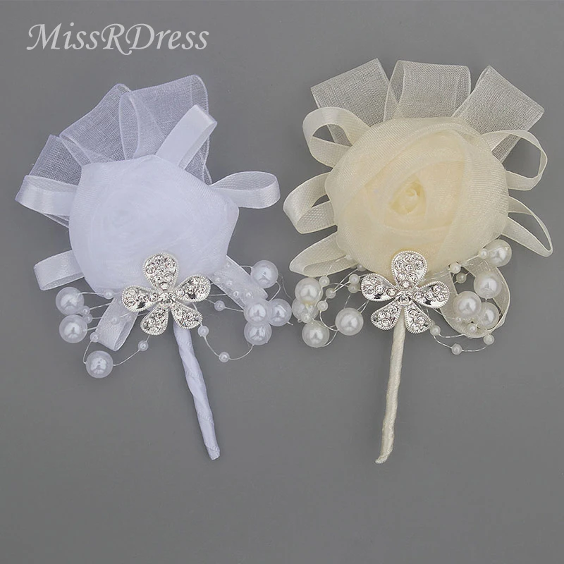 

MissRDress Wedding Corsage Boutonniere Rhinestones Groom Brooch Boutonniere Ivory Groomsmen Buttonhole Flower For Wedding JKx11