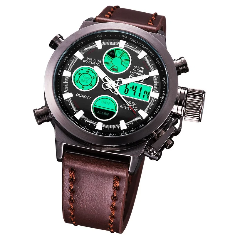 

6.11 Mens Leather Watch Band Multi-function Dual Display Green Light Waterproof LED Digital Watch Quartz Watch Men Sport Watch
