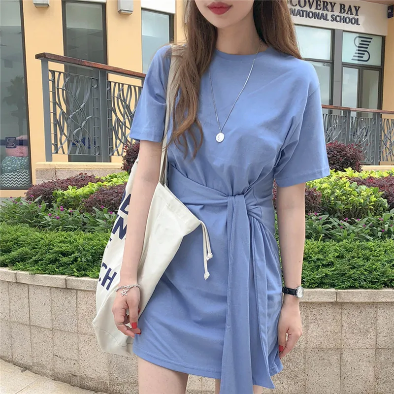 

t shirt Summer Dress Girls Boho Party Female Vintage Dress blue lace up Short Sleeve Women Dresses Robe Vestido knitted dress
