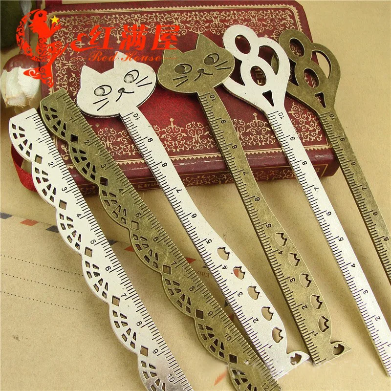 

5pcs Metal hair stick stationery straight ruler lovely alloy key cat lace bookmark design ancient silver diy jewelry accessories