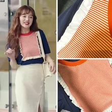 Korean Drama Huangbaola's Blue Striped T-shirt 2019 O-Neck Striped Short Broadcloth Fashion Shirt Women Korean Drama Huangbaola's Blue Striped T-shirt 2019 O-Neck Striped Short Broadcloth Fashion Shirt Women