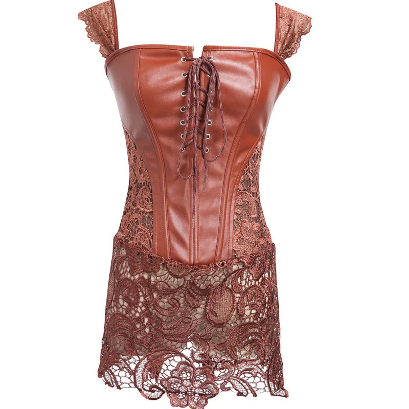 S- 6XL Porn Sex Costumes Sexy Lingerie Hot PU Leather Lace Dress Corsets Plus Size Open Crotch Erotic Lingerie Teddy Babydoll - Цвет: Brown