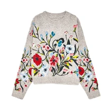 Серый круглый вырез с длинными и широкими рукавами с цветочной вышивкой разноцветный свитер с цветами с ребристой кромкой и манжетами