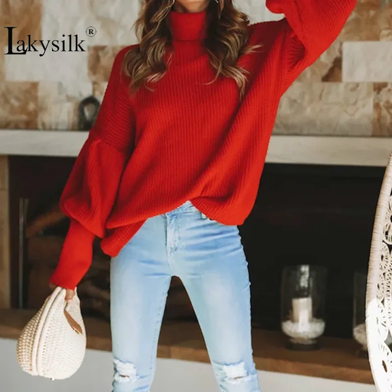

2019 Autumn Red Sweater Women Lantern Sleeve Solid Turtleneck Knitted Pullovers Female Top Quality Winter Blouse Tops Black