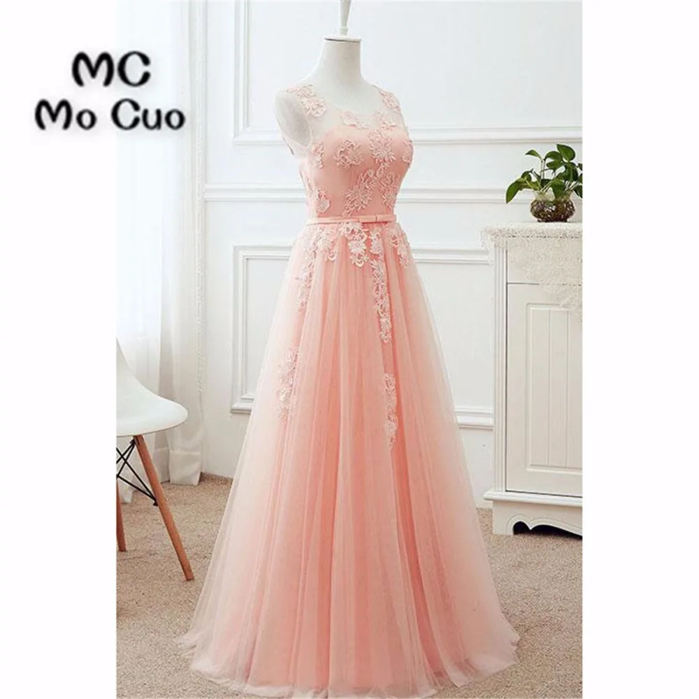 2018 Blush Pink Prom Dresses Long Appliques Lace Zipper Back Floor Length Tulle Illusion Formal
