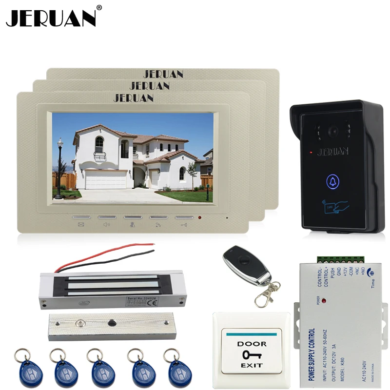 

JERUAN three desk 7`` luxury Video Intercom Video Door Phone System+700TVL RFID Access Waterproof Touch key Camera+Magnetic lock