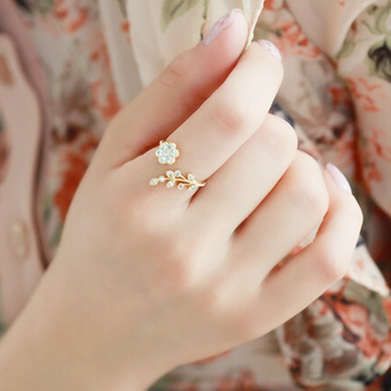 Korean Twisted Leaves Flower Rhinestone Open Ring Rose Gold Color Finger For Women Statement Adjustable Wholesale | Украшения и