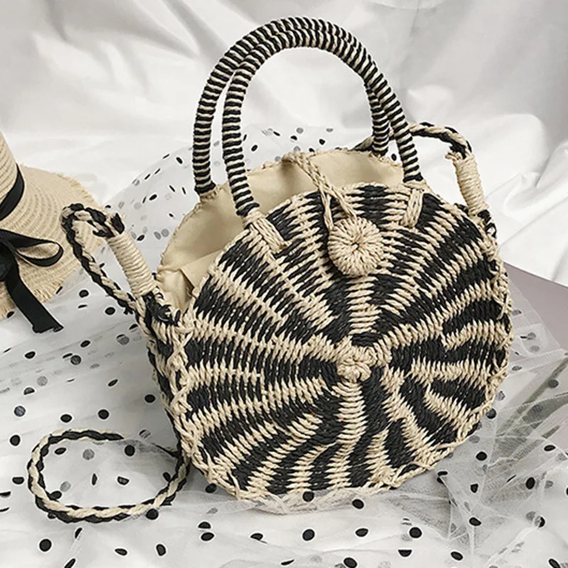 

BEAU-Mini Handmade Round Straw Beach Bag Shoulder Bag For Women, Black