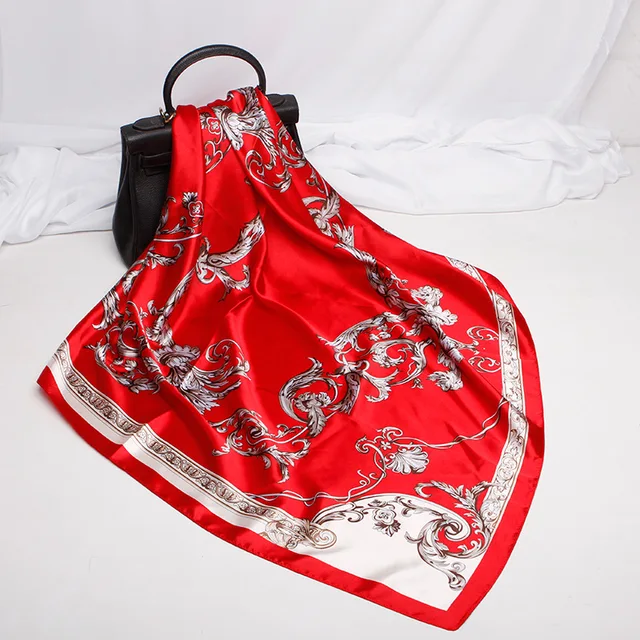 Fashion Kerchief Hair Scarf For Women Print Silk Satin Hijab Scarfs 90*90cm Square Neckerchief Headband Scarves For Ladies 2021 W42518