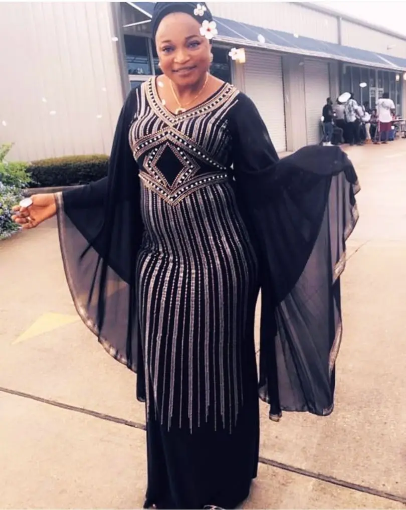 Супер размер длина 150 см стиль африканская Женская Дашики Мода Горячая дрель шифон большие рукава Тонкий рыбий хвост длинное платье - Color: Black