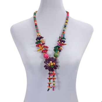 

Wholesale Flower Pendant Coconut Shell Necklace Wholesale Multicolor Wood Beads Strand Handmade Knitted Women Bohemian Jewelry