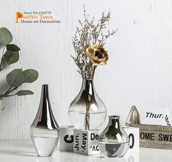 

2018 INS style Nordic gray plated transparent glass vase,home living room water culture flower arrangement flower set ornament