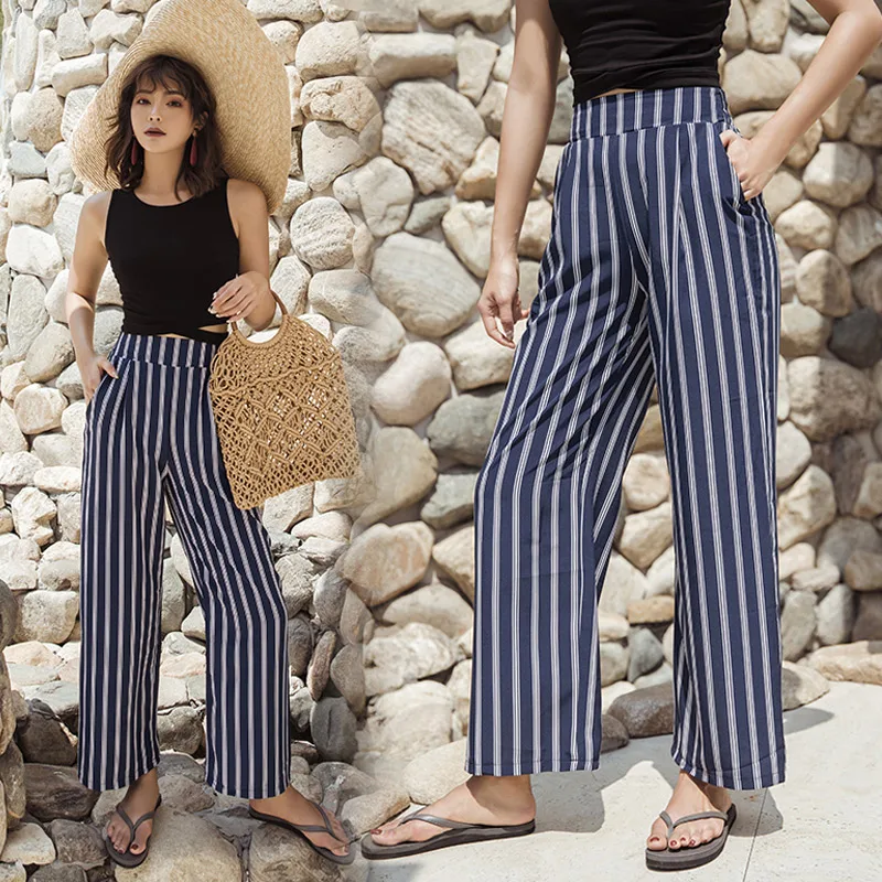 

LZMZA Women Stripe Beach Pants Summer Women Pocket Loose Elegant Trousers Straight Leg Casual Mid Waist Blue White Stripes Pants