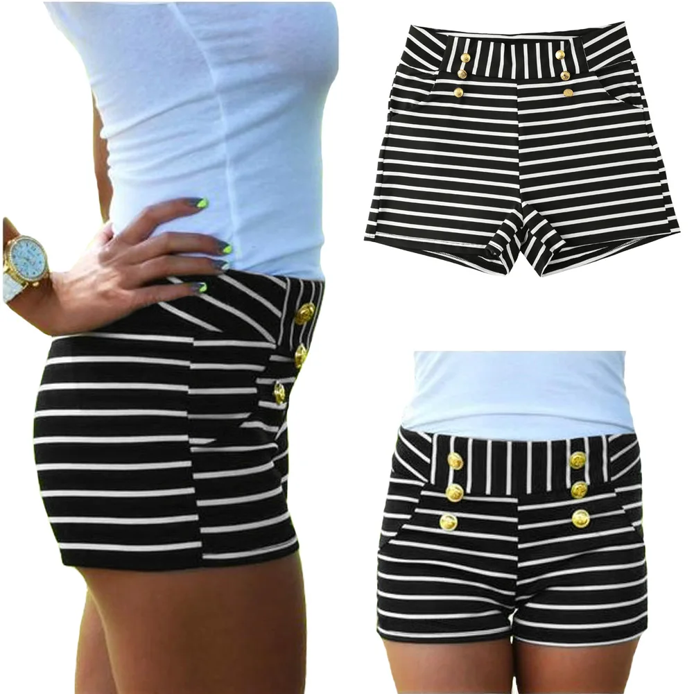 Black White Striped Shorts Women Sexy Pocket Button Decorated Summer