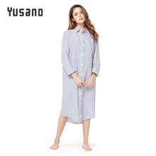 Yusano Women Nightgown Cotton Sexy Home Dress Nightwear Long Sleeve Nightshirt V-Neck Stripe Print Sleep Dress Sleepwear Shirt