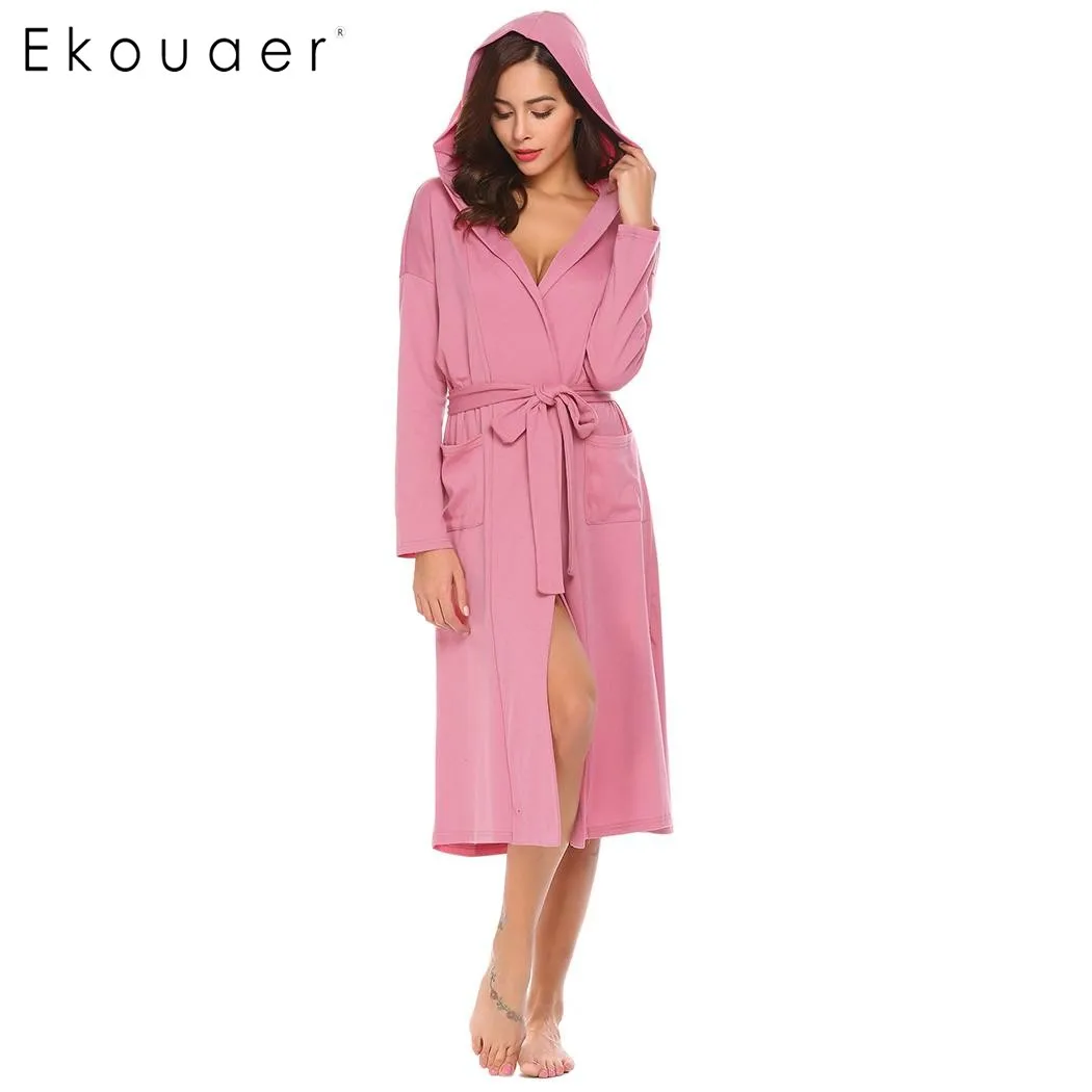 Ekouear Women Robes Long Sleeve Bathrobe Pockets Solid Sleepwear Long