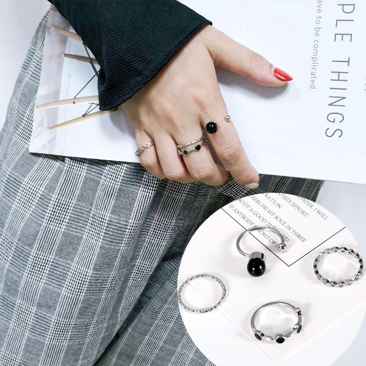 

Korean Fashion Explosion Models Cool Wind Black Beads Opening Geometry Simple Couple Personality Set Ring Clothing Accessories
