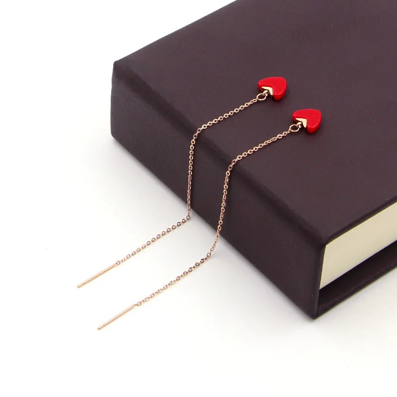 

Red Heart Pendant Long Chain Women Drop Earrings Newest Fashion Titanum Steel Rose Gold Love Earrings Tramline for Women