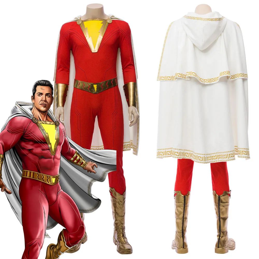  Shazam Billy Batson Cosplay Costume Captain Marvel Costume Jumpsuit Outfit LED with Boots Halloween