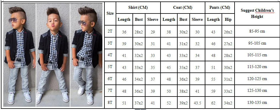 Стильный джентльменский клетчатый комплект одежды из 3 предметов для мальчиков, детская одежда, верхняя одежда+ рубашка+ джинсы, брюки, костюмы, весенне-осенняя одежда