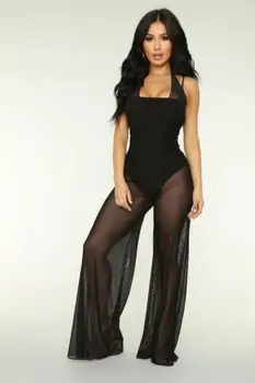

New Hot Women V Neck Wide Leg Pants Casual Ladies Loose Trousers Sexy Mesh Sheer Jumpsuit Sleeveless Sheer Playsuit