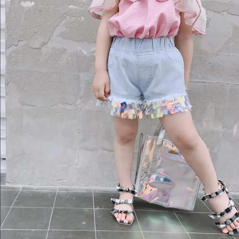 

Toddler denim shorts summer new Sequin fashion jeans shorts for children girls pants loose cotton casual style shorts