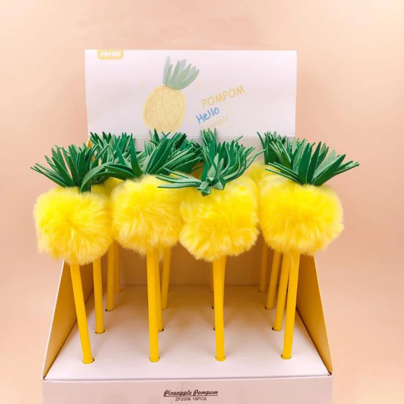 

2 Pcs/set Kawaii 0.5mm Fruit Pineapple Plush Pom Pom Gel Pens Neutral Pens For Students Gift Writing Korean Stationery