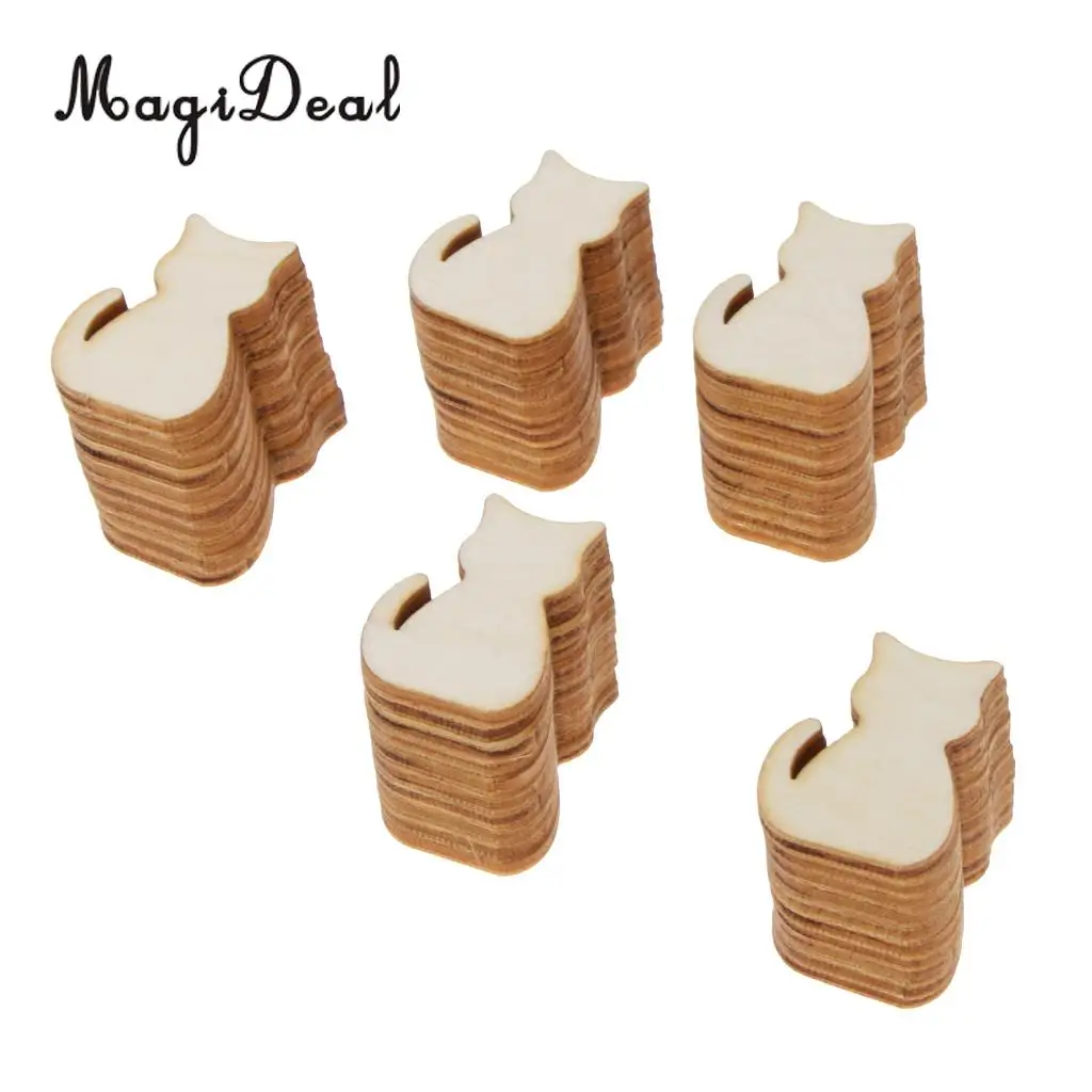 MagiDeal 50pcs Vintage Blank Cat Cutout Wooden Chips Scrapbooking Embellishment Home Decor Toy DIY Craft