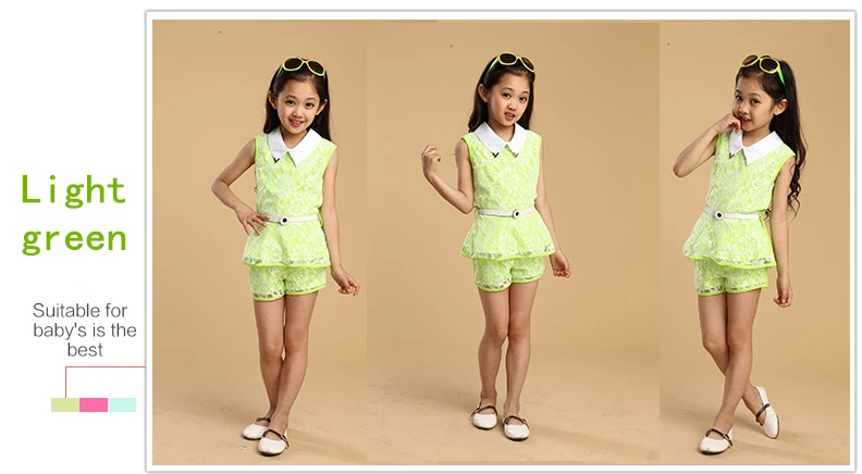 4-13Y Fashion Girls Clothes Set 2018 Summer Lace Flower Kids Outfit Girl Sleeveless Top Shorts Belt 3Pcs Suits Children Clothing (3)
