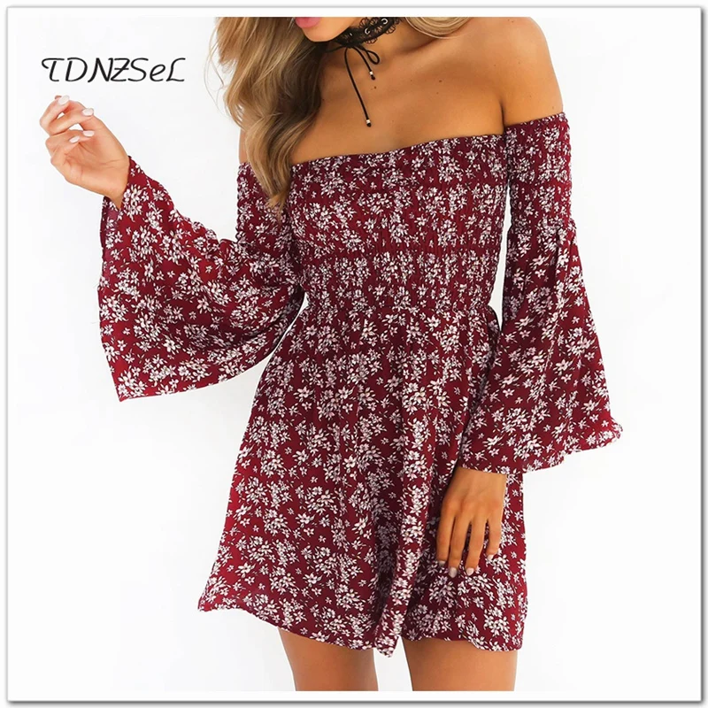 

Wine Red Print Slash Neck Short A Line Dress Sexy Backless Women Off Shoulder Long Flare Sleeve Slim Fit And Flare Dress Elegant