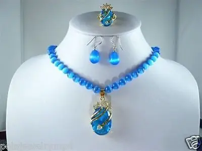 

FREE SHIPPING>>@> Jewelry Blue Jade/Opal Necklace +Blue Zircon Pendant Earring Ring Set18K gold plated watch wholesale Quartz st