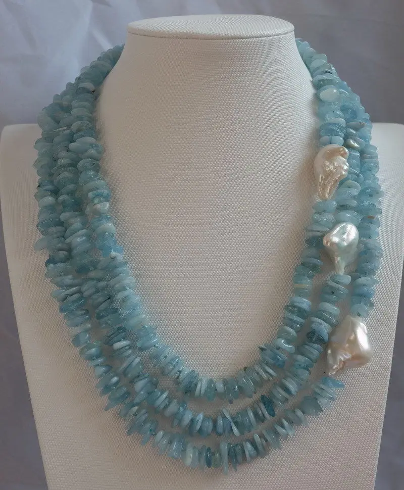 

FREE shipping> N1504104 3strds natural Aquamarine & Nucleated Pearl necklace