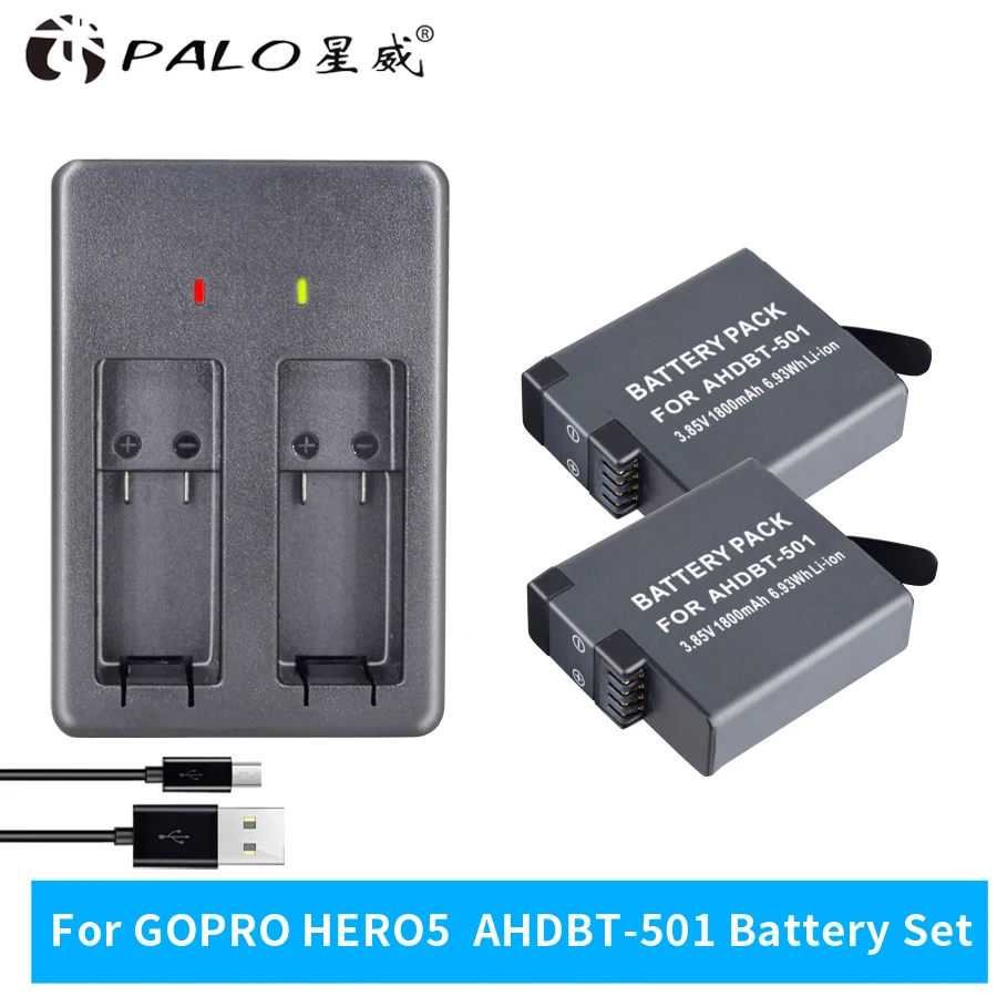 

PALO 2pcs 1800mAh Batteries for GoPro Hero 5 Gopro 6 Action Camera Battery AHDBT501+ 2Slots LED Battery Charger with Type C Port