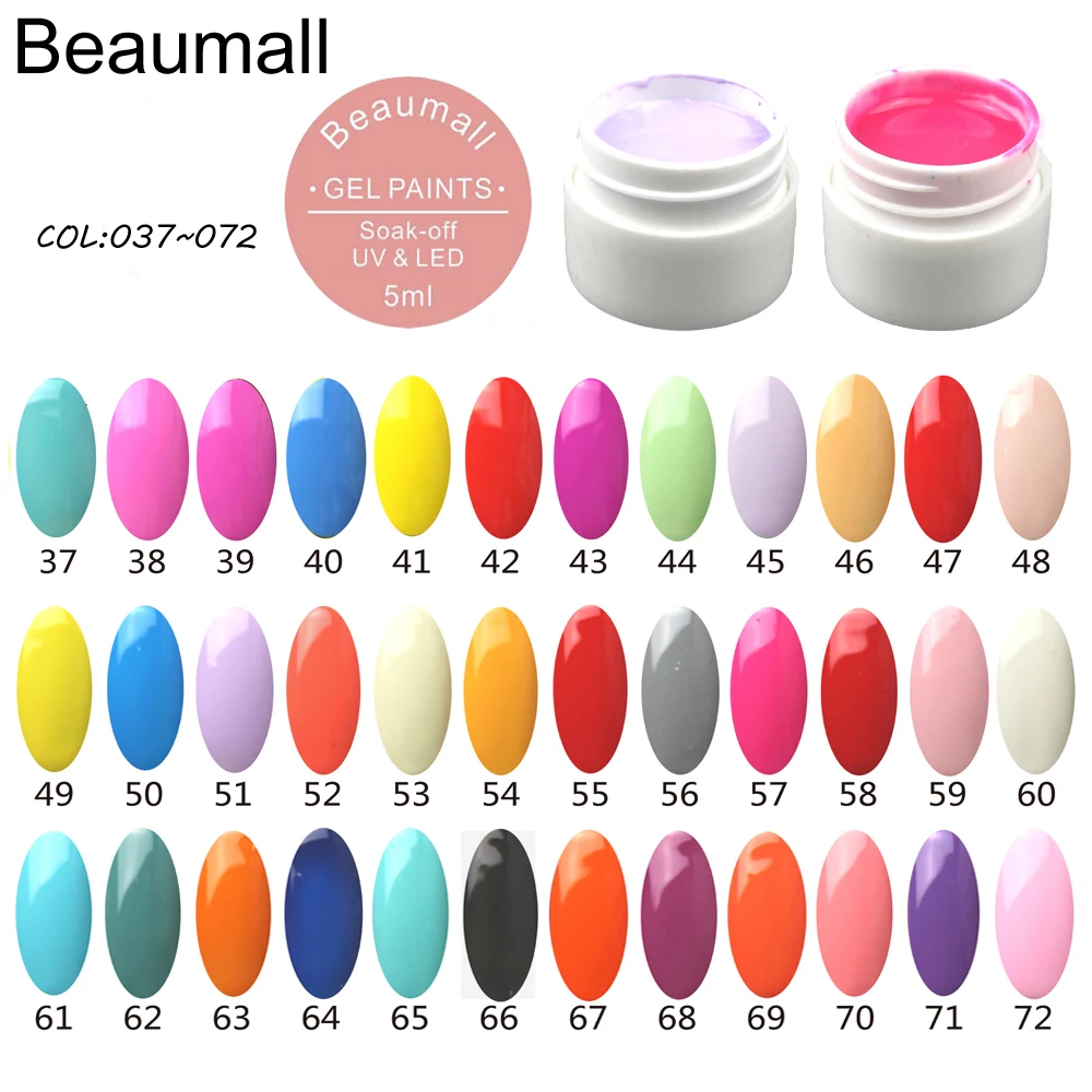 

Beaumall Gel Painting 36 Colors, 1 Pot 5ml Volume Pure Solid UV Gel Color For Nail Tips Shiny Cover Extension Manicure DIY
