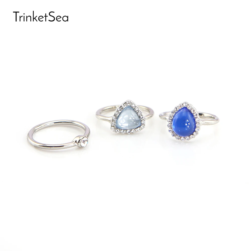 TrinketSea Trendy 3 Pcs Charm Sliver Crystal Statement Rings for Women
