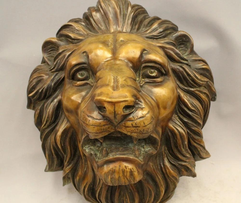 

China West Art pure bronze sculpture carvings fierce beast of prey lion head fig