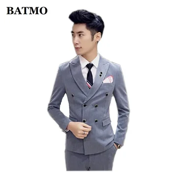 

BATMO 2019 new arrival high quality Korea style slim grey Double Breasted suits men,men's wedding dress plus-size S-4XL TZ79