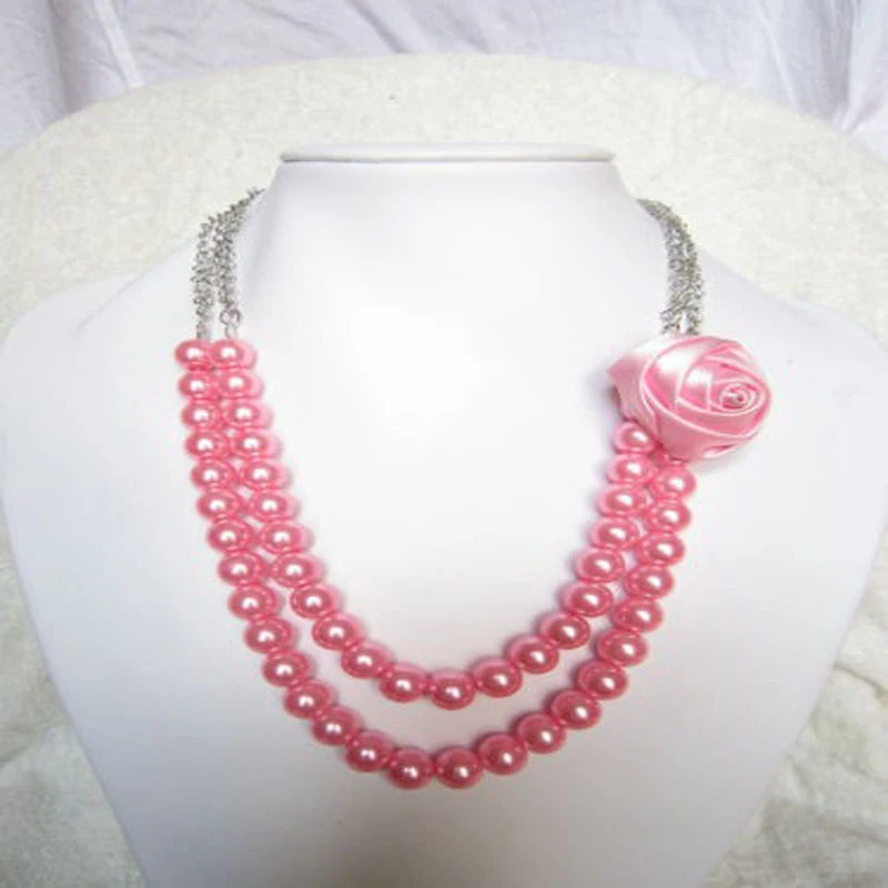 

Women Fashion pink Pearl Rose Flower statement 2 strands beads chain necklace