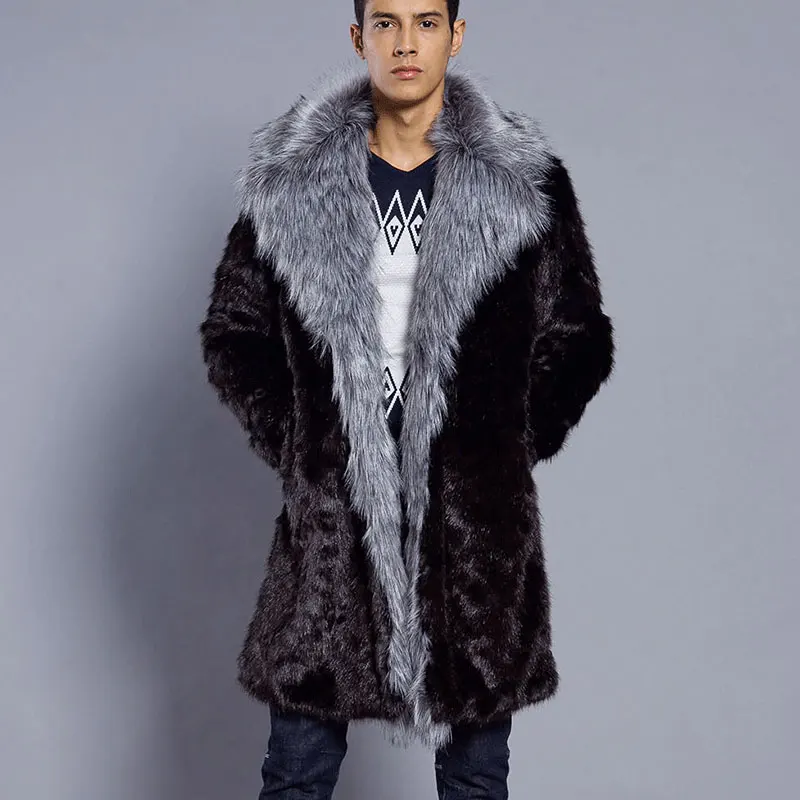 Men Winter Long Coat Thick Warm Faux Fur Outwear Turn Down Fur Collar ...