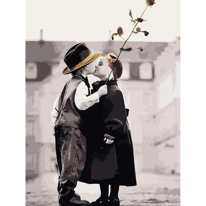 

Frameless Children Kiss DIY Painting By Numbers Home Decoration Handpainted Abstract Oil Painting For Living Room Artwork