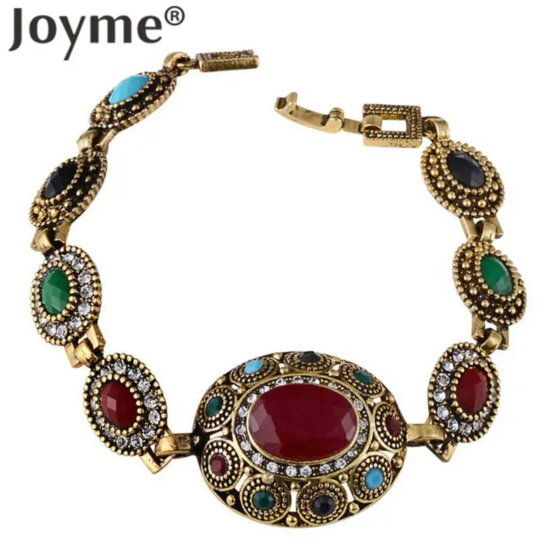 Turkish Jewelry Ethnic Bohemian Bracelets For Women Red Gem Stone Black Resin Tribal Gold-Color Femme Bracelet Jewellery Metal Bracelet