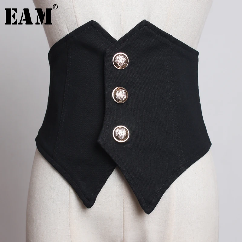 

[EAM] 2019 New Spring Summer Black Loose Button Irregular Split Joint Personality Wide Belt Women Fashion Tide All-match JT454