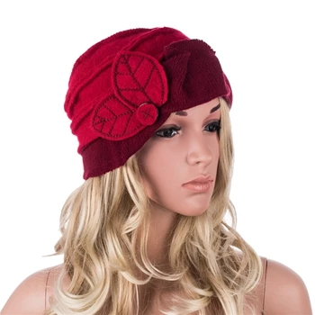 A375, модные Зимние береты с цветочным рисунком, шапки для шапочки, женская шапка, шапка-ведро, женская шапка Skullies - Цвет: Red and Wine