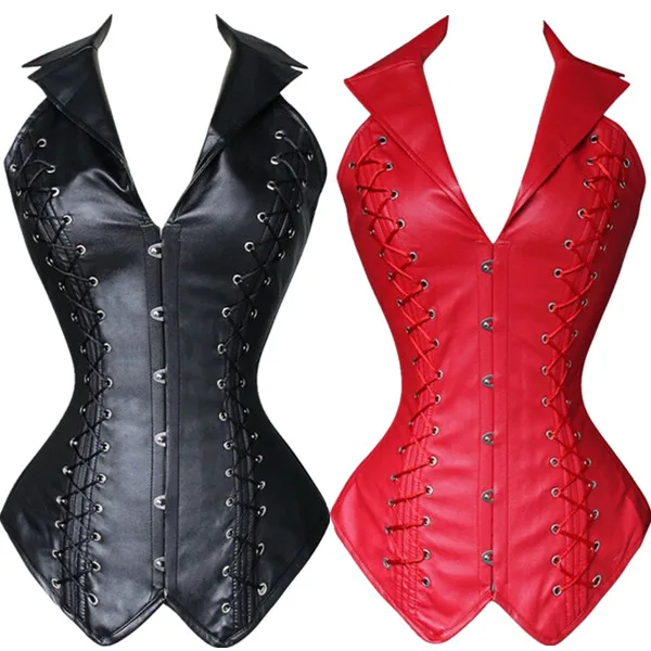 

Steampunk Gothic Corset faux Leather Halter Lapel Waist Cincher Bustier Black/Red Slimming Clothing S-2XL Sexy Lingerie