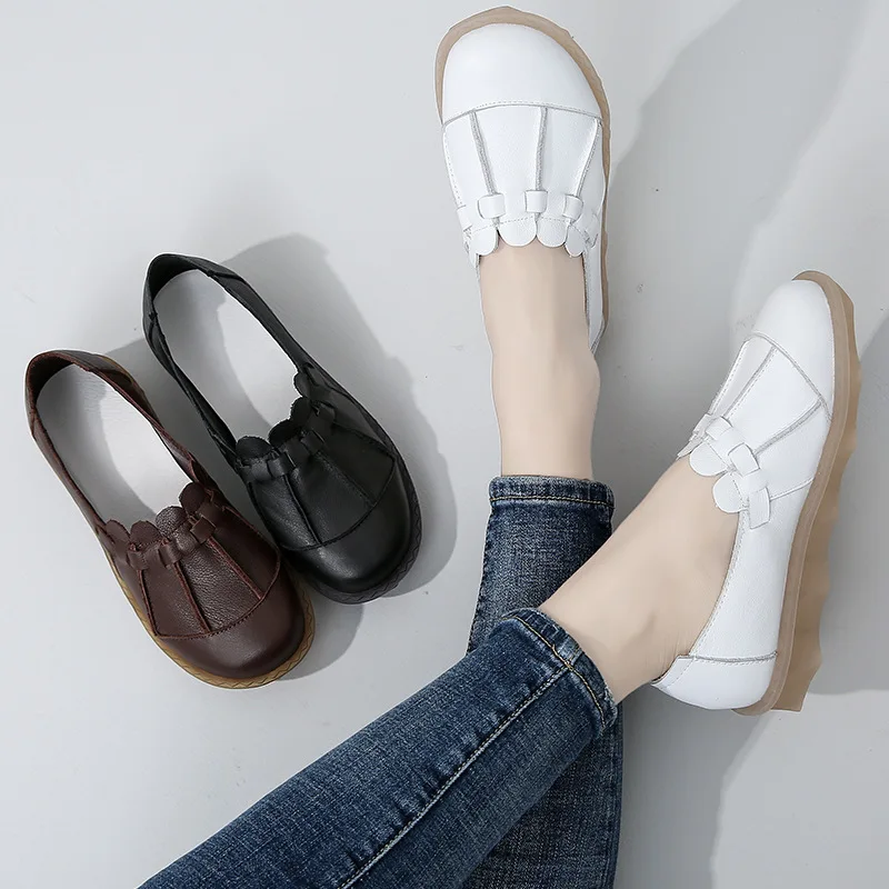 

Women Genuine Leather Loafers Autumn 2018 Low Heel White Casual Shoes Women Handmade Leather Flats Soft Bottom Retro Ballat Flat