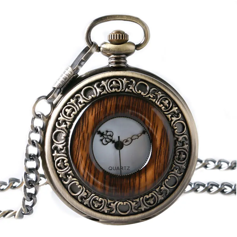 

Quartz Pocket Watch Elders Seniors Gifts Watches Vintage Retro Pendant with Short Chain Imitation Wood Necklace for Men Women