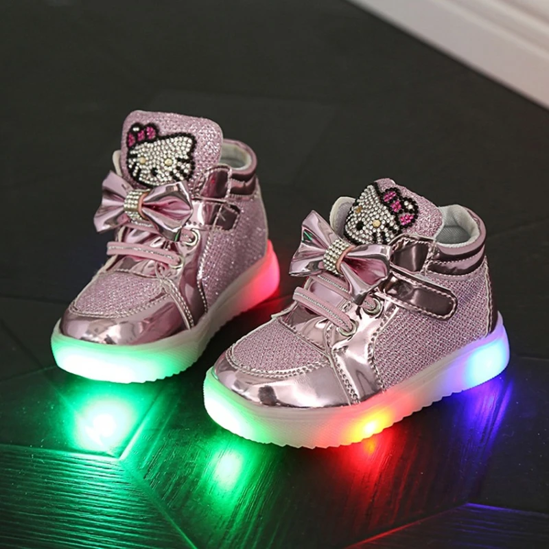 

2016 Children Shoes Girls Led Shoes Cartoon Kt Cat Bow Children Sneakers With Light Led Emitting Lights Up Casual Shoes 21-25